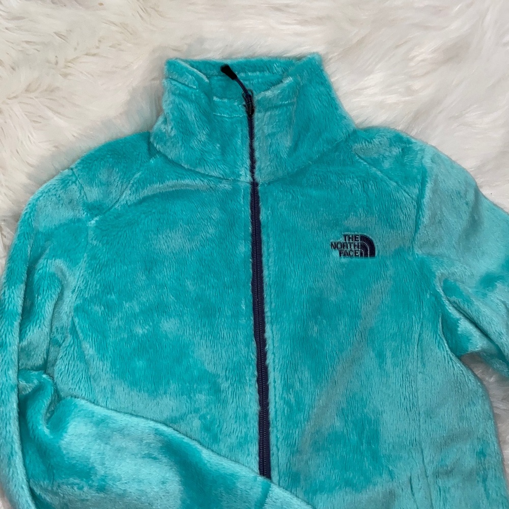 Fuzzy teal North Face fleece with charcoal zipper